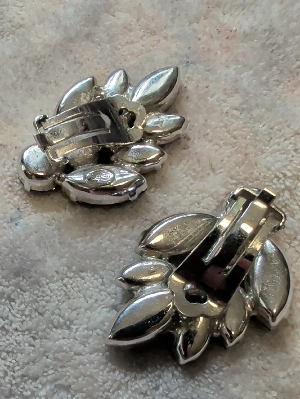 Vintage Purple Crystal Leaf Cluster Clip-On Earrings - Costume Jewelry Stamped